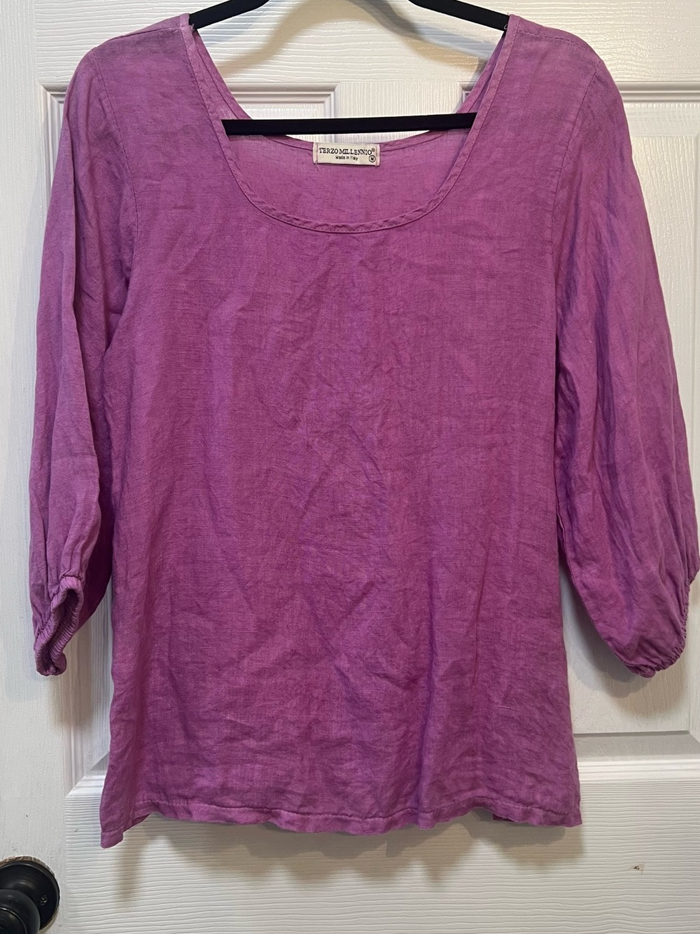 Terzo Millennio Purple Linen Blouse M Orchid Scoop Neck 3/4 Sleeve Made in Italy